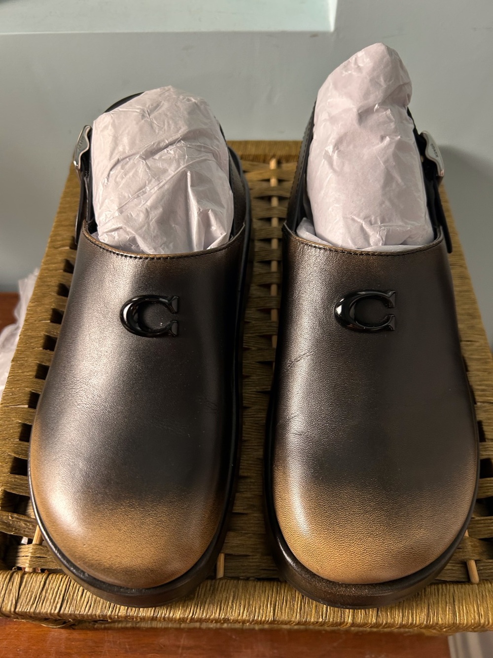 COACH NIB Sculpted C Platform Clogs Black-Tan Gradient Finish Women’s Sz 8 Logo